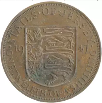 Монета 1/12 шиллинга Острова Джерси 1947 года Бронза Георг VI