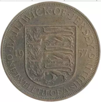 Монета 1/12 шиллинга Острова Джерси 1957 года Бронза Елизавета II
