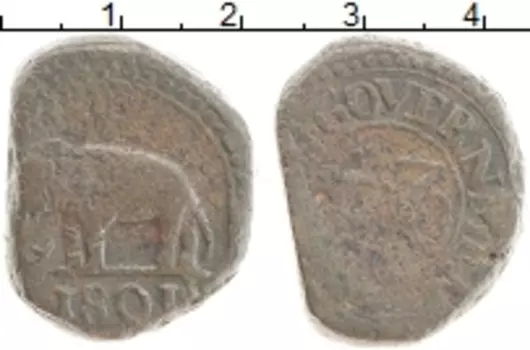 Монета 1/24 риксдоллара Цейлона 1801 года Медь