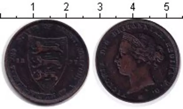 Монета 1/24 шиллинга Острова Джерси 1877 года Медь Виктория