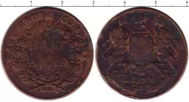 Монета 1/2 анны Индии 1835 года Медь