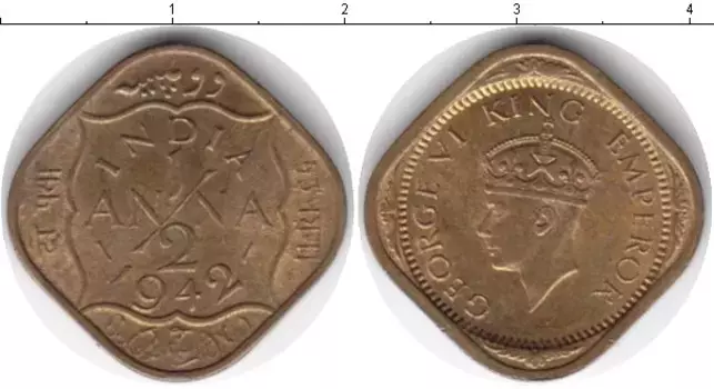 Монета 1/2 анны Индии 1942 года Медь Георг VI