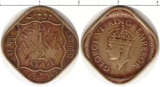 Монета 1/2 анны Индии 1944 года Латунь Георг VI