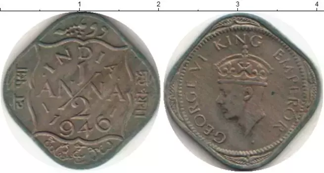 Монета 1/2 анны Индии 1946 года Медно-никель Георг VI
