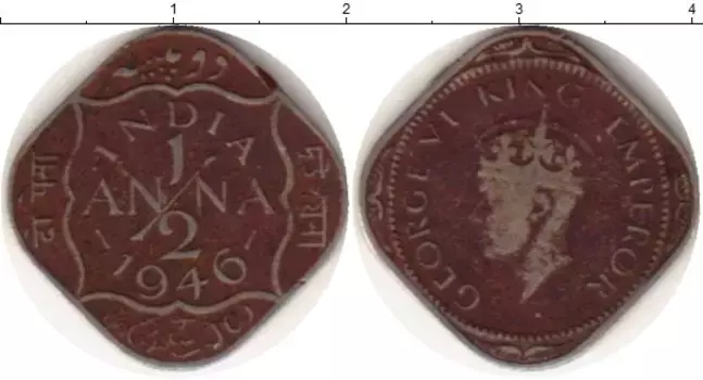 Монета 1/2 анны Индии 1946 года Медно-никель Георг VI