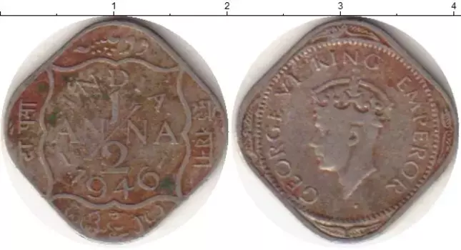 Монета 1/2 анны Индии 1946 года Медно-никель Георг VI