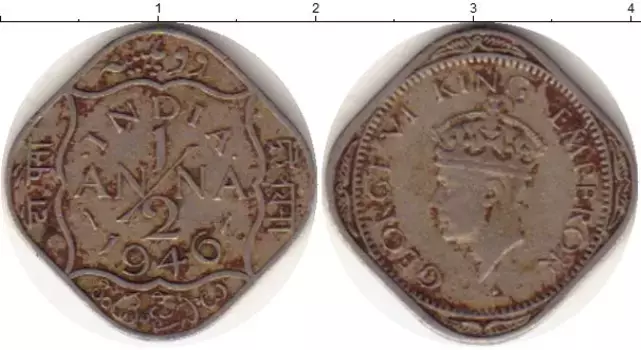 Монета 1/2 анны Индии 1946 года Медно-никель Георг VI
