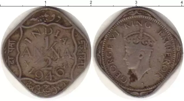 Монета 1/2 анны Индии 1946 года Медно-никель Георг VI
