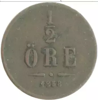 Монета 1/2 эре Швеции 1858 года Бронза Оскар I