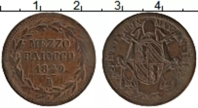 Монета 1/2 байоччи Ватикана 1849 года Медь Пий IX