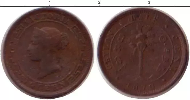Монета 1/2 цента Цейлона 1870 года Медь Виктория