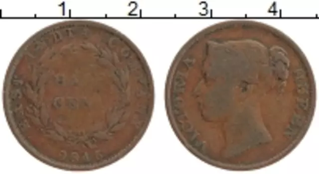Монета 1/2 цента Индии 1845 года Бронза Виктория
