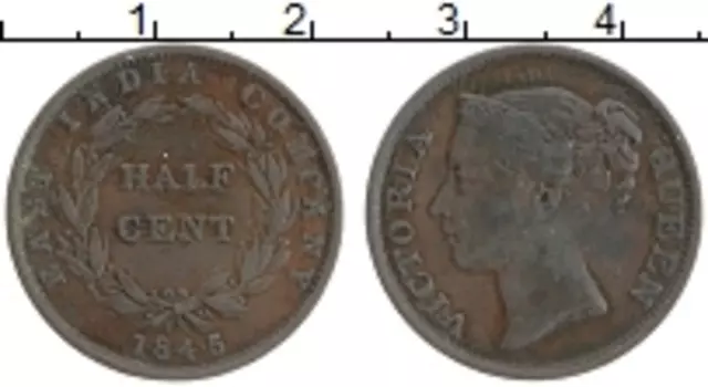 Монета 1/2 цента Индии 1845 года Медь Виктория