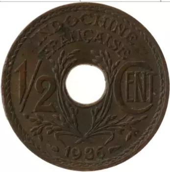 Монета 1/2 цента Индокитая 1936 года Медь