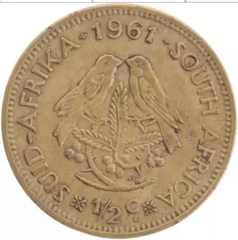 Монета 1/2 цента Южно Африканской Республики 1961 года Латунь Ян ван Рибек