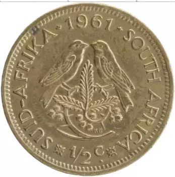 Монета 1/2 цента Южно Африканской Республики 1961 года Латунь Ян Ван Рибек