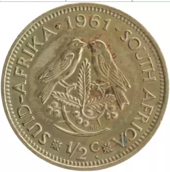 Монета 1/2 цента Южно Африканской Республики 1961 года Латунь Ян Ван Рибек