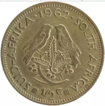 Монета 1/2 цента Южно Африканской Республики 1962 года Латунь Ян Ван Рибек
