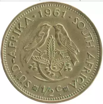 Монета 1/2 цента Южно Африканской Республики 1961 года Латунь Ян Ван Рибек