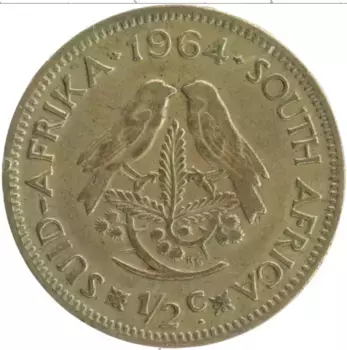 Монета 1/2 цента Южно Африканской Республики 1964 года Латунь Ян Ван Рибек