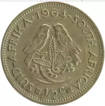 Монета 1/2 цента Южно Африканской Республики 1964 года Латунь Ян Ван Рибек