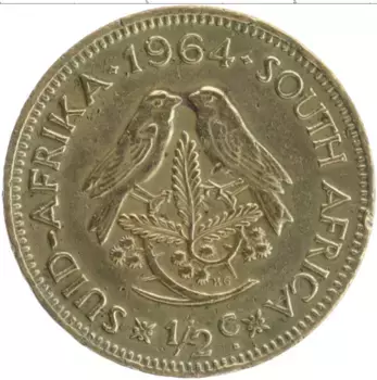Монета 1/2 цента Южно Африканской Республики 1964 года Латунь Ян Ван Рибек