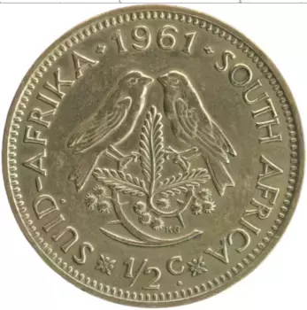 Монета 1/2 цента Южно Африканской Республики 1961 года Латунь Ян Ван Рибек