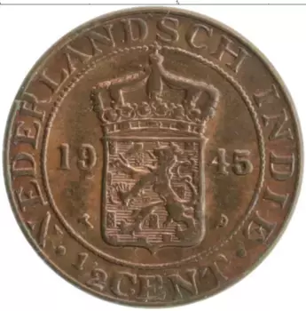 Монета 1/2 цента Нидерландской Индии 1945 года Бронза
