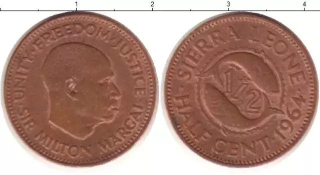 Монета 1/2 цента Сьерры-Леоне 1964 года Бронза Сэр Милтон Маргай