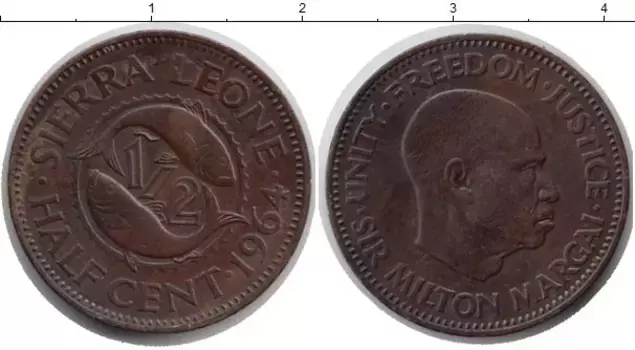 Монета 1/2 цента Сьерры-Леоне 1964 года Бронза Милтон Маргаи