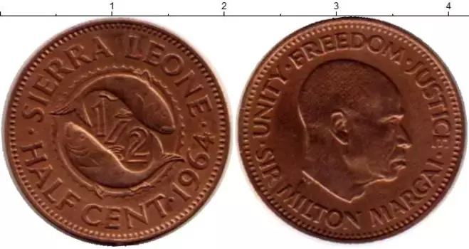 Монета 1/2 цента Сьерры-Леоне 1964 года Бронза Рыбы, Милтон Маргаи