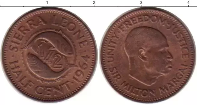 Монета 1/2 цента Сьерры-Леоне 1964 года Бронза Милтон Маргаи