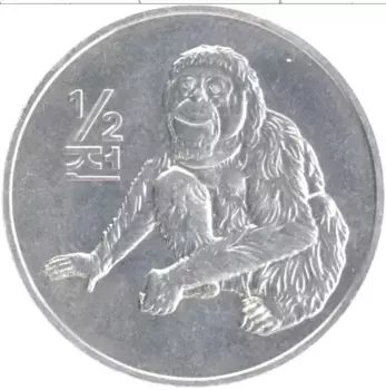 Монета 1/2 чоны Северной Кореи 2002 года Алюминий Обезьяна