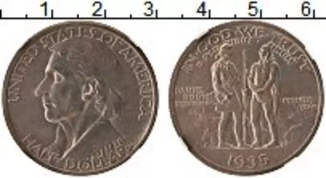 Монета 1/2 доллара Америки 1935 года Серебро 200 лет со дня рождения Даниэля Буна (Слаб NGC UNC Details)