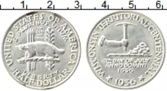 Монета 1/2 доллара Америки 1936 года Серебро Висконсин, Росомаха