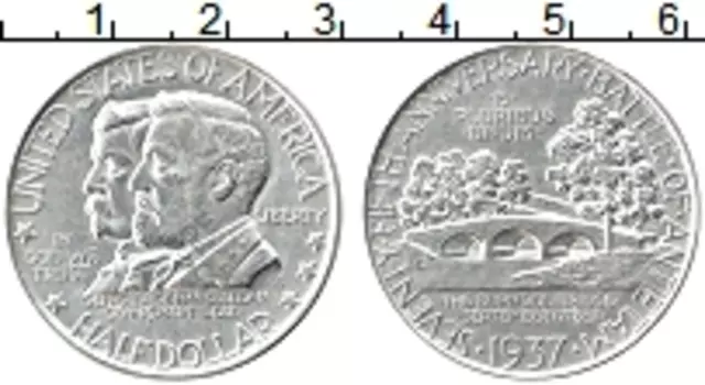 Монета 1/2 доллара Америки 1937 года Серебро 75 лет Сражения при Энтитеме, Макклеллан и Роберт Ли