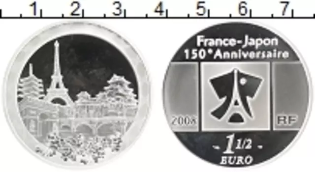 Монета 1/2 евро Франции 2008 года Серебро 150 лет дружбы Франции и Японии