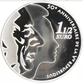 Монета 1/2 евро Франции 2008 года Серебро 50 лет 5-ой Французской Республике