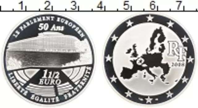 Монета 1/2 евро Франции 2008 года Серебро 50-летие Европейского парламента