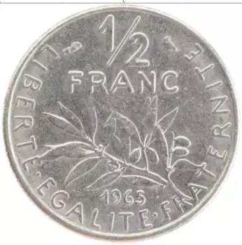 Монета 1/2 франка Франции 1965 года Медно-никель