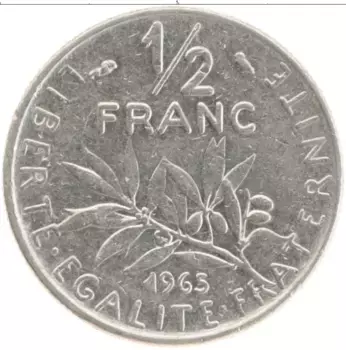 Монета 1/2 франка Франции 1965 года Медно-никель