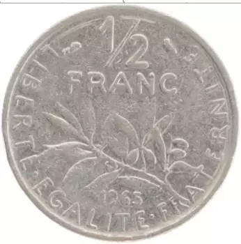 Монета 1/2 франка Франции 1965 года Медно-никель