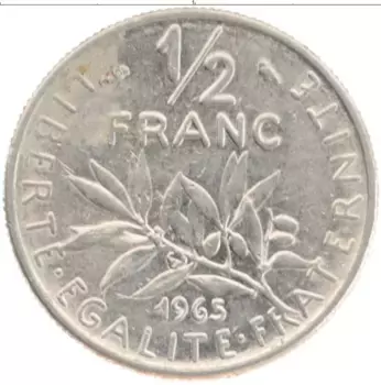 Монета 1/2 франка Франции 1965 года Медно-никель