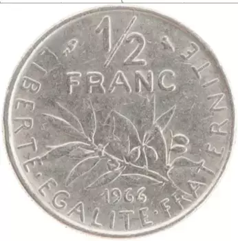 Монета 1/2 франка Франции 1966 года Медно-никель