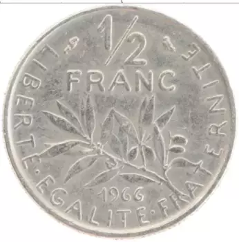 Монета 1/2 франка Франции 1966 года Медно-никель