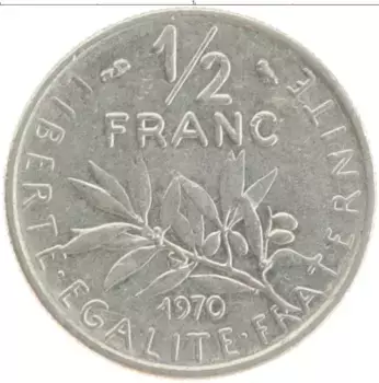 Монета 1/2 франка Франции 1970 года Медно-никель