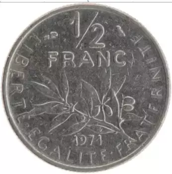 Монета 1/2 франка Франции 1971 года Медно-никель