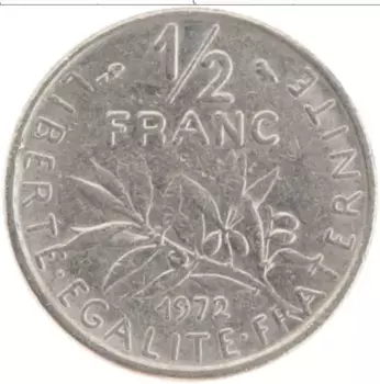 Монета 1/2 франка Франции 1972 года Медно-никель