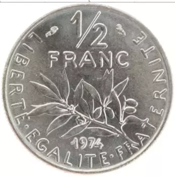 Монета 1/2 франка Франции 1974 года Медно-никель