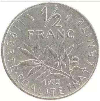 Монета 1/2 франка Франции 1975 года Медно-никель